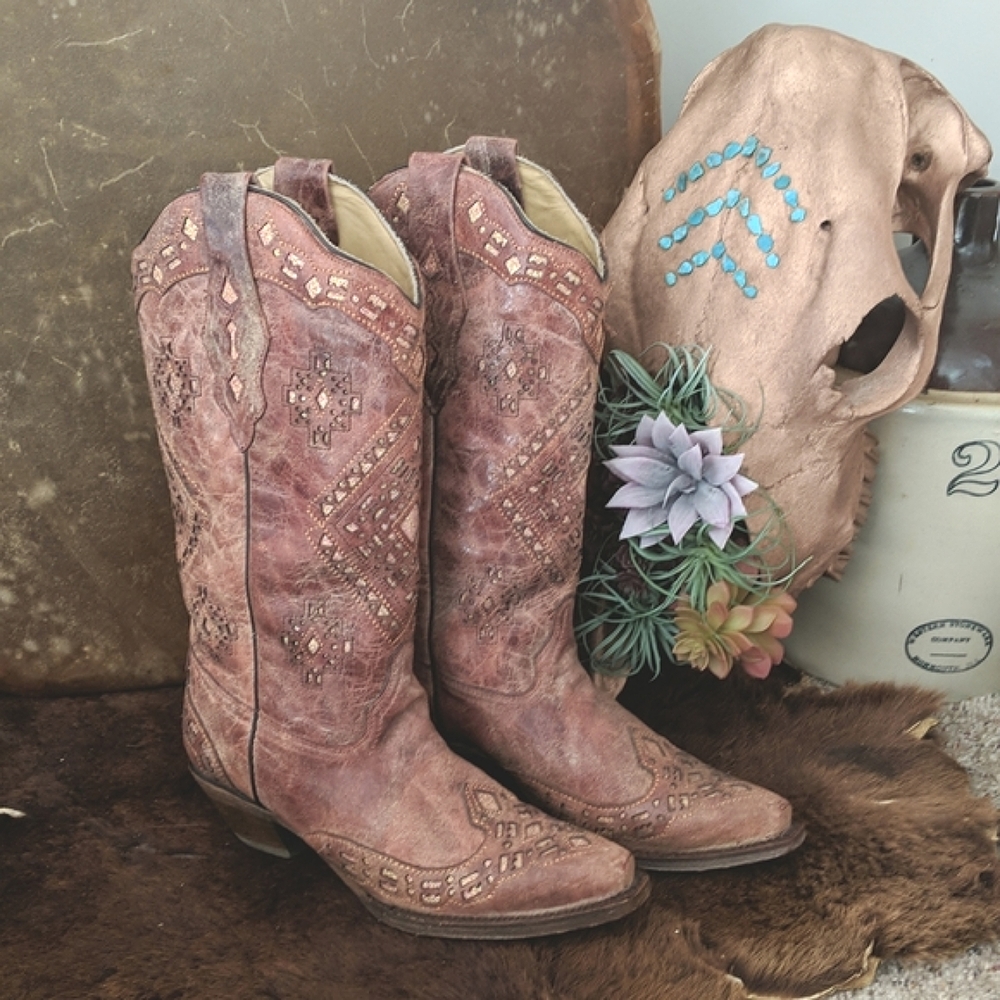 CORRAL A2948 ladies Cognac Glitter Inlay diamond cowgirl western boots sz 7 euc